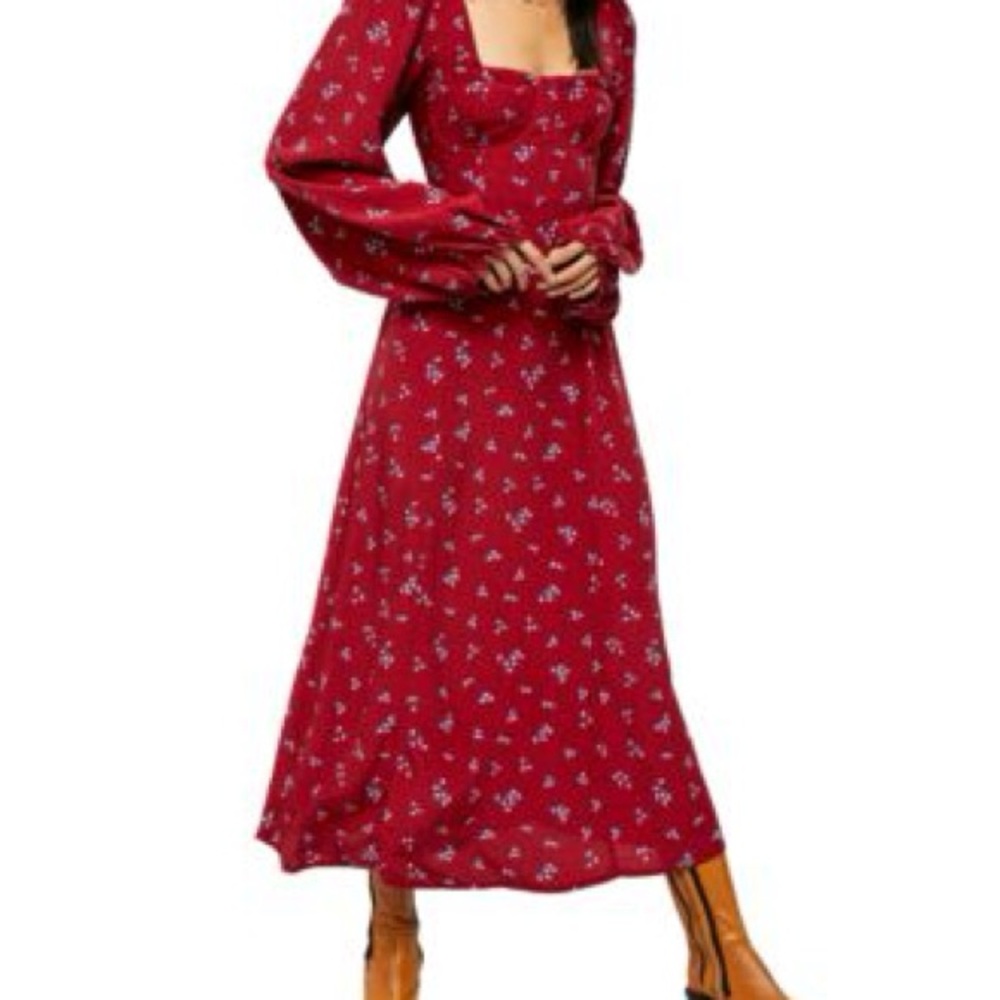 Free People Red Floral Long Sleeve Dress